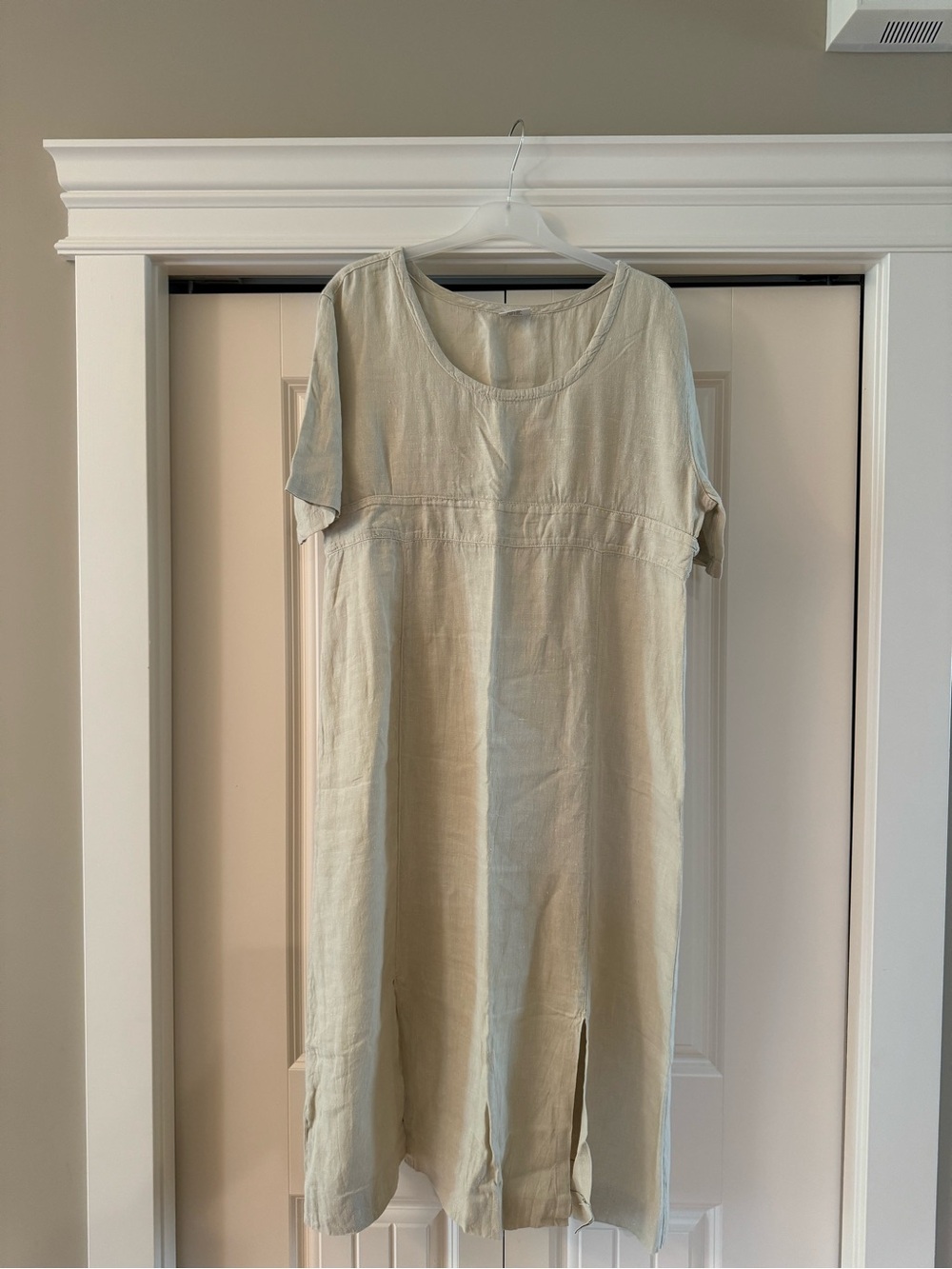 100% Linen❤️Women Beige Short-Sleeve Dress PTP 221/2 L 46